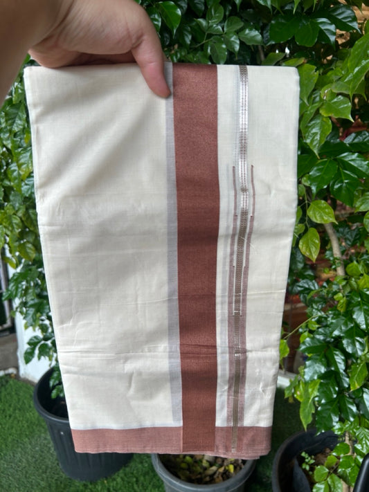 20% Discount ! KaithariKada Balaramapuram 100% Cotton Double OFF WHITE - (Unbleached) - Mundu / Dhoti- 100x80 - Puliyilakkara 1.5 inch Silver kasavu Walnut brown striped chutty - 36KK5213 VIN