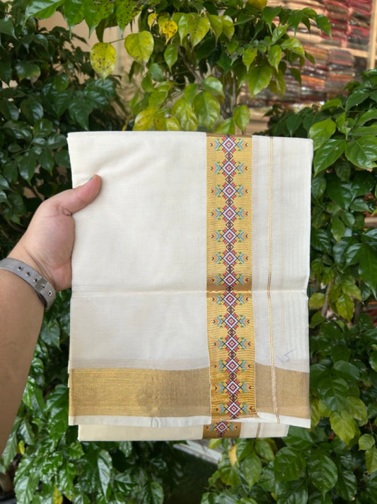 20% Discount! KaithariKada Balaramapuram Double Off White - (Unbleached) Mundu/Dhoti - Mixed Cotton (80x72) - Hand Printed 2 inch Gold Kasavu Multi colour Design Kara 4 mtr (8.5 muzham) - 105 KK5251 PMC