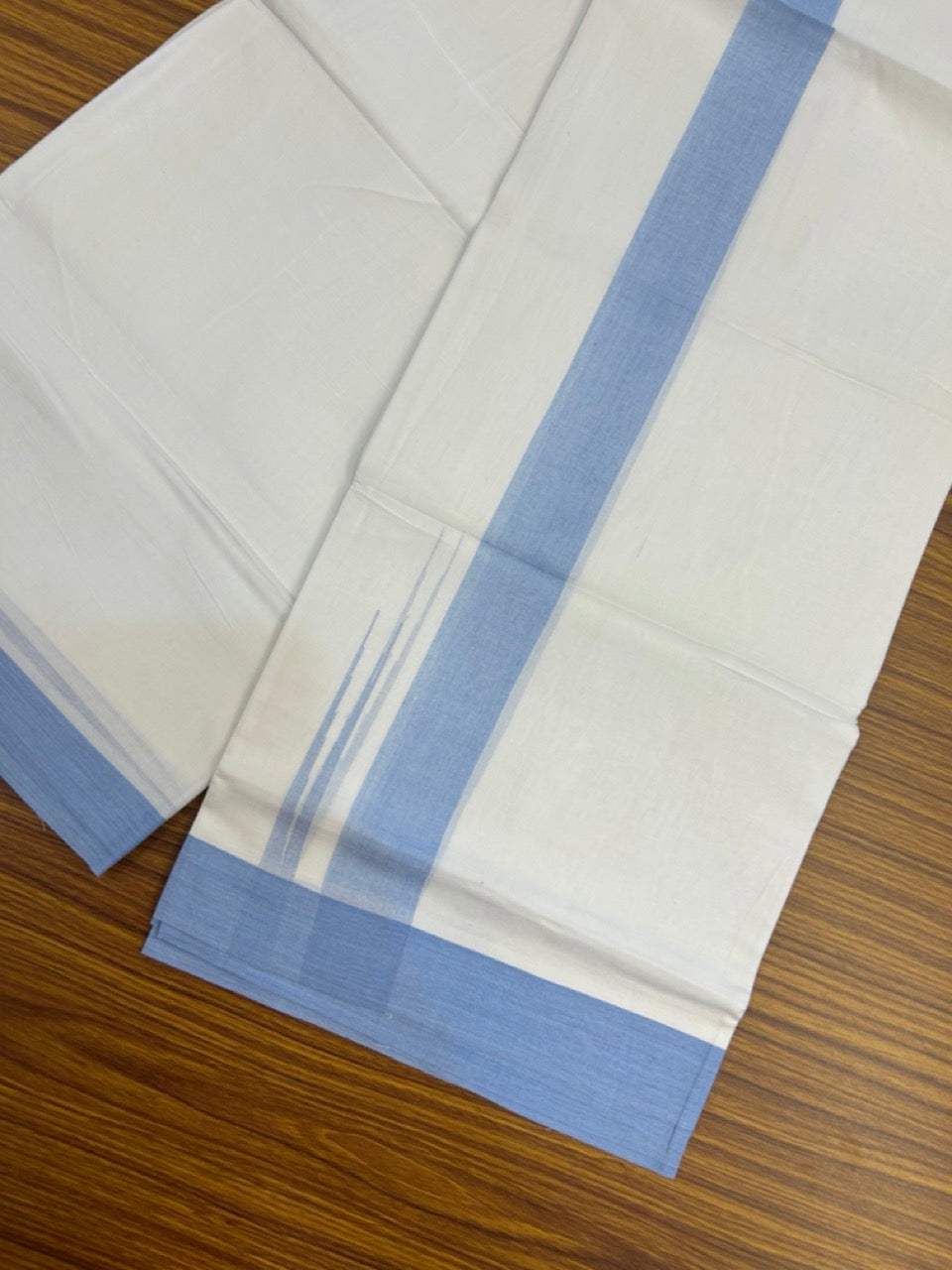 20% Discount ! Kaitharikada Balaramapuram 100% Cotton Pure White Double Mundu/Dothi - 100x80 - 1.5 inch Puliyilakkara Light Blue Chutty Kara  3.90 mtr (8 muzham) - 92 KK5285  VAS