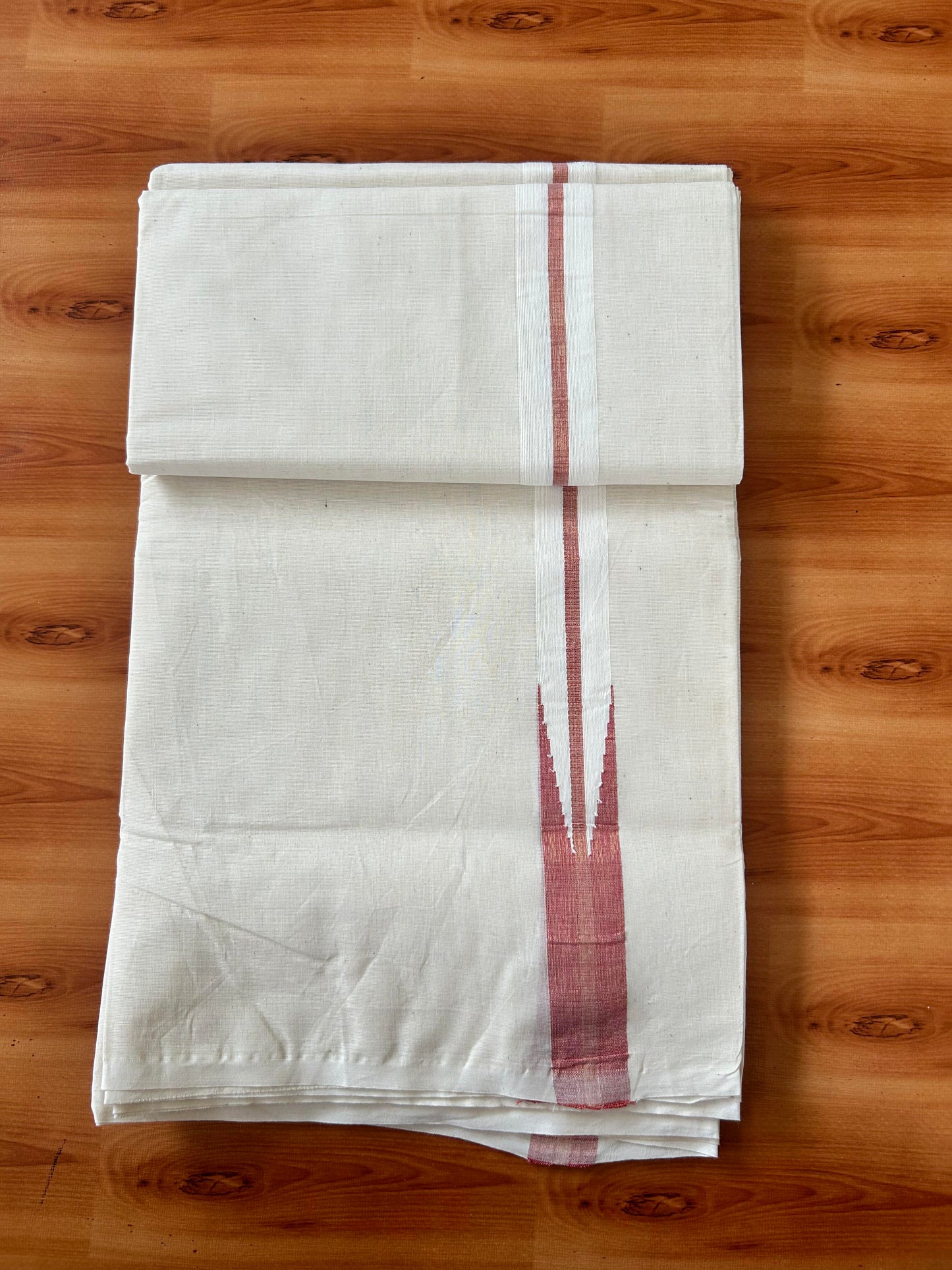 Double Off white Mundu/Dhoti - 20% Discount! KaithariKada Balaramapuram - 100% Cotton 100x100 - 1 inch Puliyilakkara Gold Kasav & Peach Shaded Chutty Kara 4 mtr (8.5 muzham) - 11 KK5424 ASH