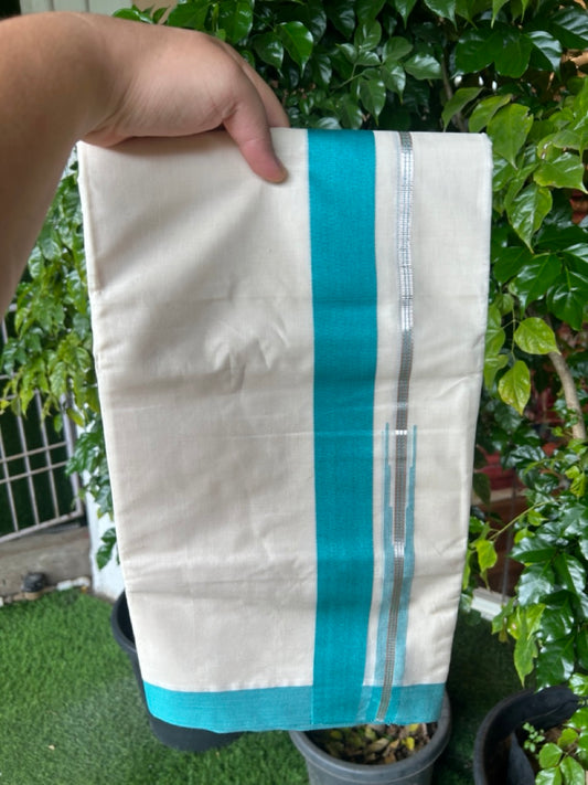 20% Discount ! KaithariKada Balaramapuram 100% Cotton Double OFF WHITE - (Unbleached) - Mundu / Dhoti- 100x80 - Puliyilakkara 1.5 inch Silver kasavu Turquoise striped chutty - 44KK5213 VIN