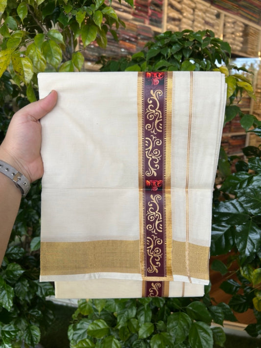 20% Discount!! KaithariKada Balaramapuram Double Off White - (Unbleached) Mundu/Dhoti - Mixed Cotton (80x72) - 1.75 inch Hand Printed Theyyam Gold Kasavu & Brown Pattern Design Kara - 106 KK5251 PMC