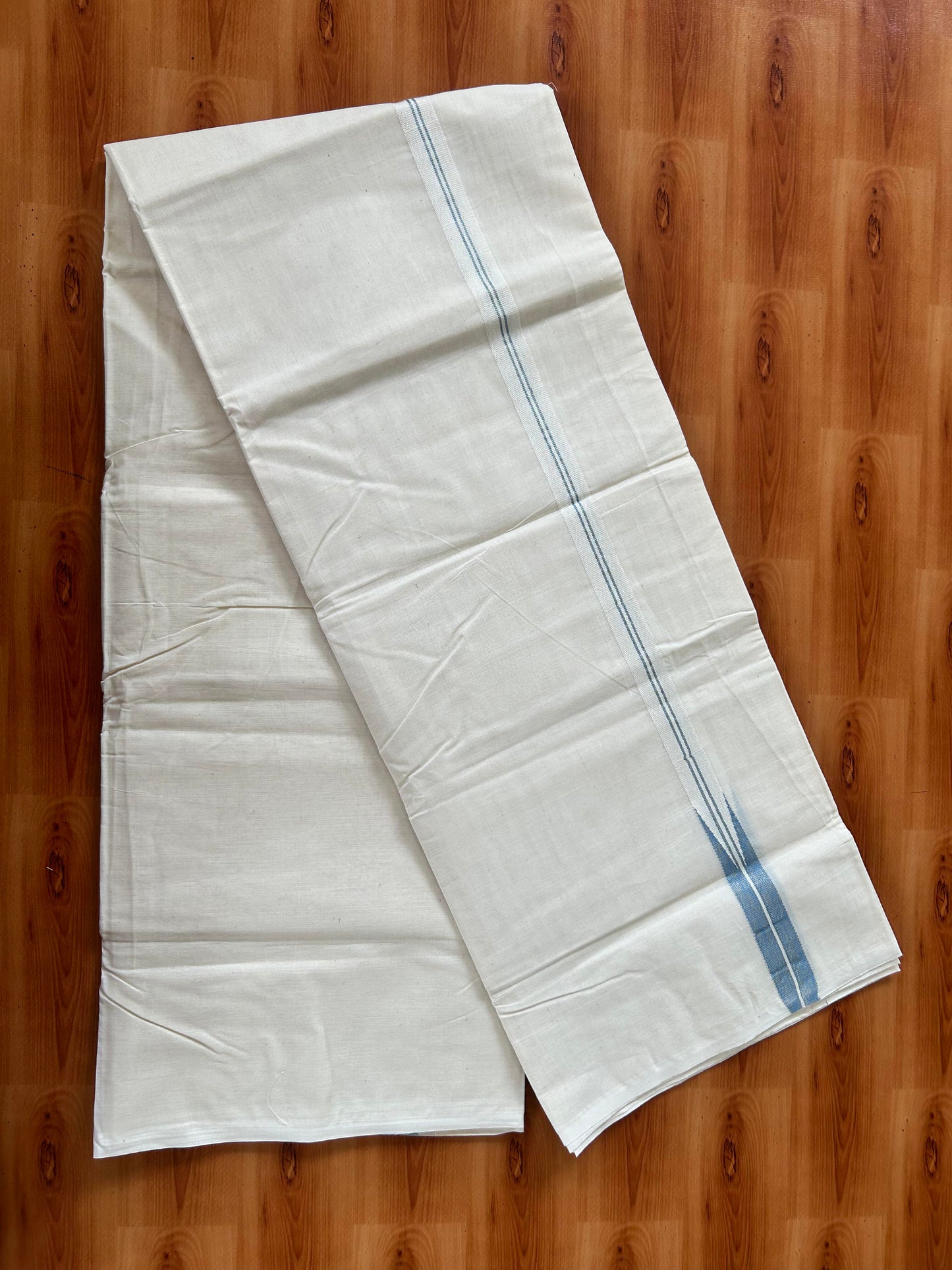 Double Off white Mundu/Dhoti - 20% Discount! KaithariKada Balaramapuram - 100% Cotton 100x100 - 1 inch Puliyilakkara Gold Kasav & Light Blue Shaded Chutty Kara 4 mtr (8.5 muzham) - 13 KK5424 ASH
