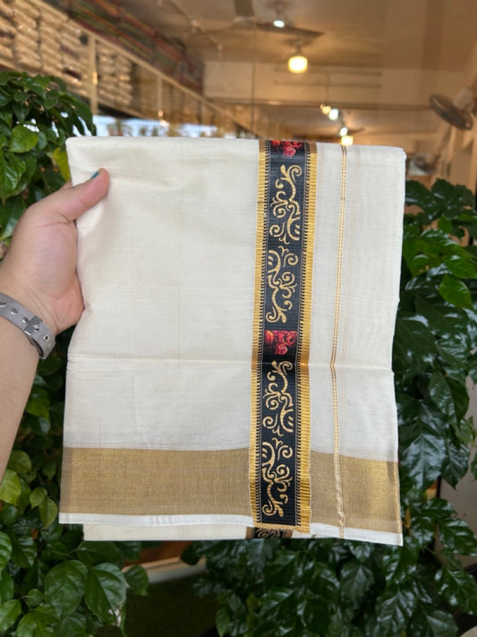 20% Discount!! KaithariKada Balaramapuram Double Off White - (Unbleached) Mundu/Dhoti - Mixed Cotton (80x72) - 1.75 inch Hand Printed Theyyam Gold Kasavu & Black Pattern Design Kara - 107 KK5251 PMC
