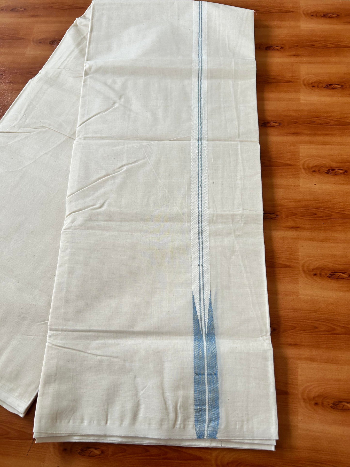 Double Off white Mundu/Dhoti - 20% Discount! KaithariKada Balaramapuram - 100% Cotton 100x100 - 1 inch Puliyilakkara Gold Kasav & Light Blue Shaded Chutty Kara 4 mtr (8.5 muzham) - 13 KK5424 ASH