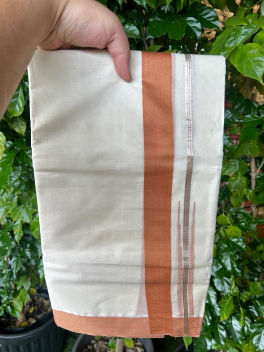 20% Discount ! KaithariKada Balaramapuram 100% Cotton Double OFF WHITE - (Unbleached) - Mundu / Dhoti- 100x80 - Puliyilakkara 1.5 inch Silver kasavu Light brown striped chutty - 43KK5213 VIN