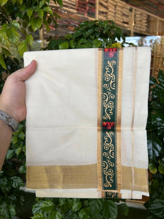 20% Discount!! KaithariKada Balaramapuram Double Off White - (Unbleached) Mundu/Dhoti - Mixed Cotton (80x72) - 1.75 inch Hand Printed Theyyam Gold Kasavu & Dark Green Pattern Design Kara - 108 KK5251 PMC