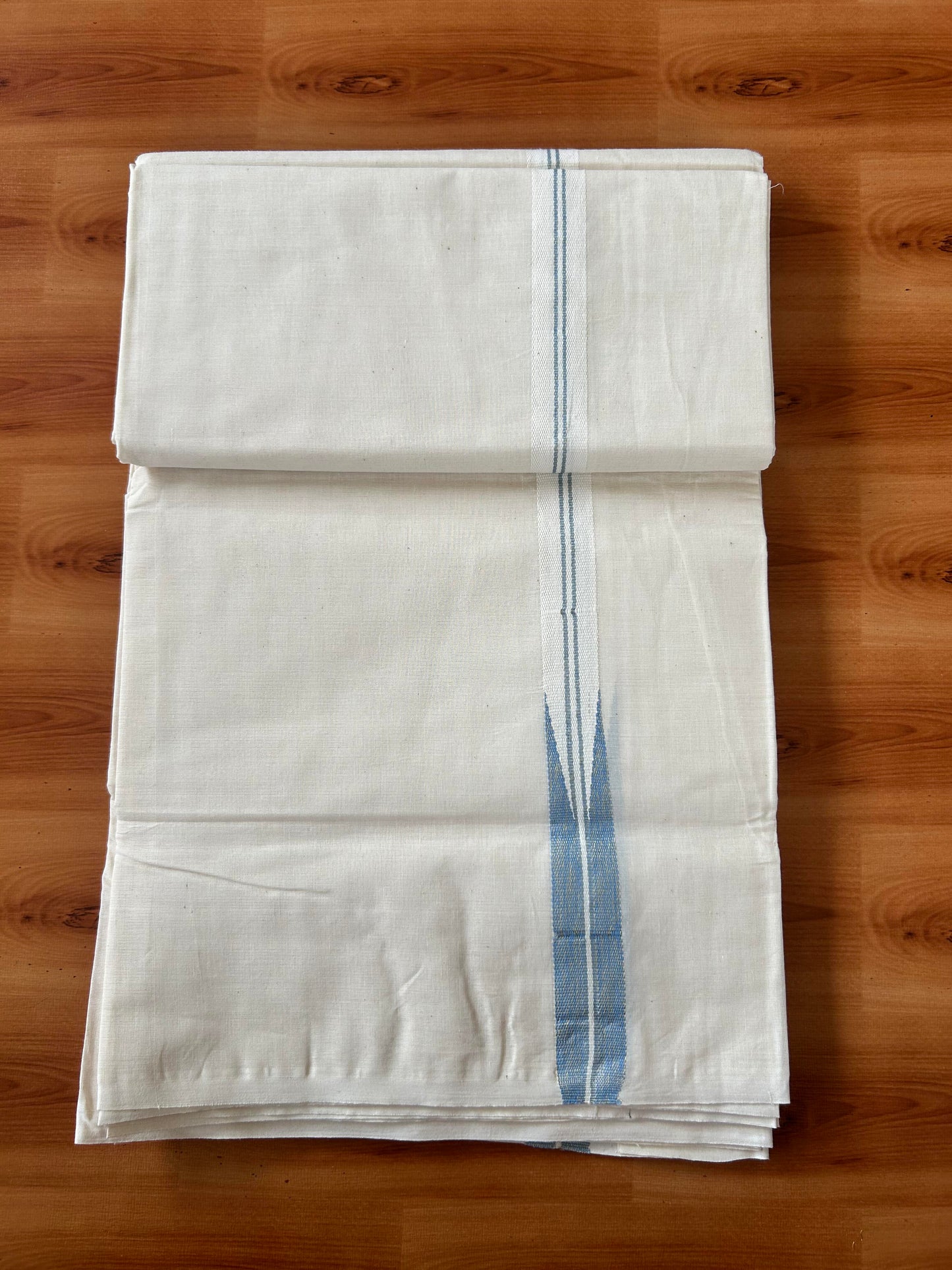 Double Off white Mundu/Dhoti - 20% Discount! KaithariKada Balaramapuram - 100% Cotton 100x100 - 1 inch Puliyilakkara Gold Kasav & Light Blue Shaded Chutty Kara 4 mtr (8.5 muzham) - 13 KK5424 ASH