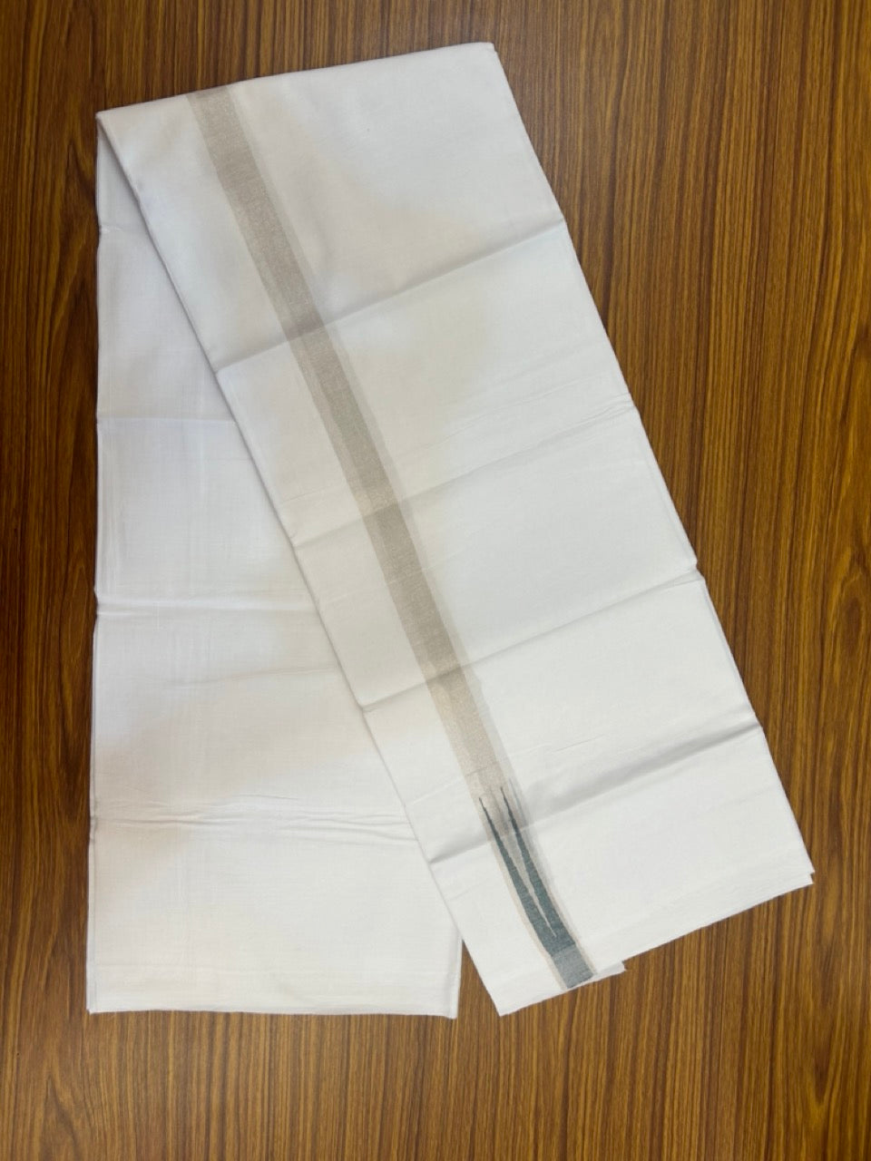 20% Discount ! Kaitharikada Balaramapuram 100% Cotton Pure White Double Mundu/Dothi - 100x80 - 1 inch Puliyilakkara Silver Kasav & Green Chutty Kara  3.90 mtr (8 muzham) - 95 KK5285  VAS