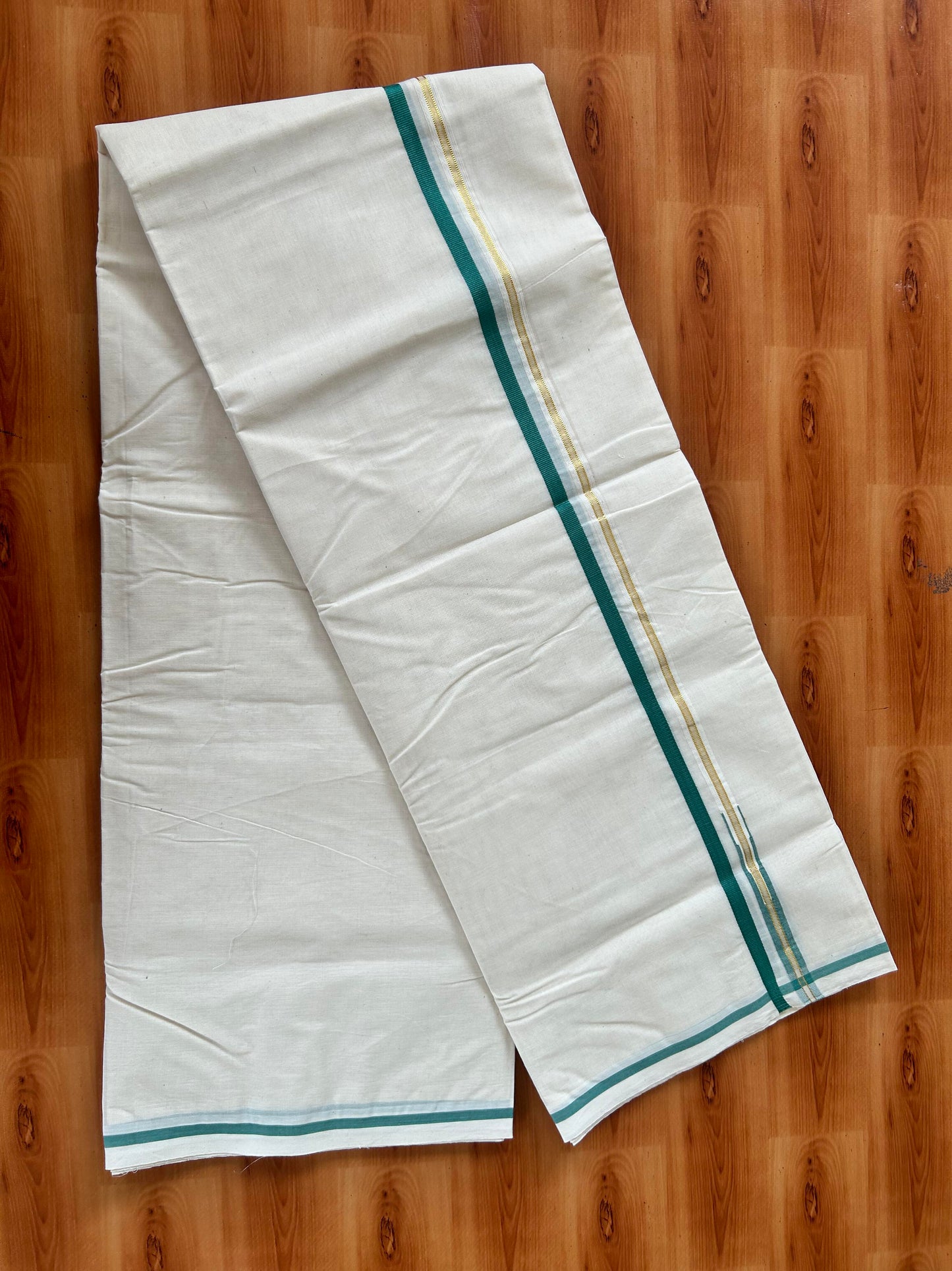 Double Off white Mundu/Dhoti - 20% Discount! KaithariKada Balaramapuram - 100% Cotton 100x100 - 1 cm Puliyilakkara Gold Kasav & Teal Green Chutty Kara 4 mtr (8.5 muzham) - 15 KK5424 ASH