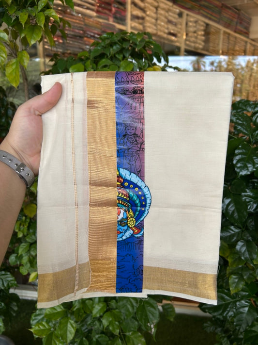 20% Discount! KaithariKada Balaramapuram  off white Double - (Unbleached) Mundu/Dhoti - Mixed Cotton (80x72) - Hand Printed Kathakali, Radha Krishna Gold Kasav Blue & Orange Pattern 2.75 inch Kara - 89 KK5251 PMC
