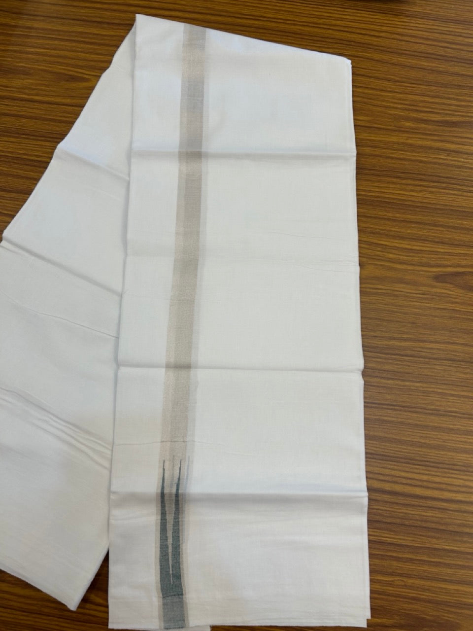 20% Discount ! Kaitharikada Balaramapuram 100% Cotton Pure White Double Mundu/Dothi - 100x80 - 1 inch Puliyilakkara Silver Kasav & Green Chutty Kara  3.90 mtr (8 muzham) - 95 KK5285  VAS