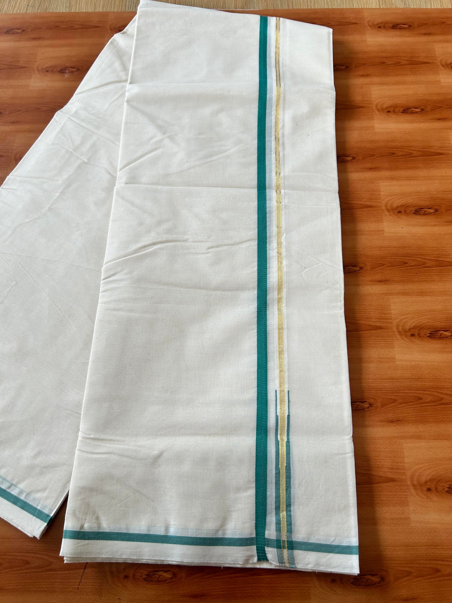 Double Off white Mundu/Dhoti - 20% Discount! KaithariKada Balaramapuram - 100% Cotton 100x100 - 1 cm Puliyilakkara Gold Kasav & Teal Green Chutty Kara 4 mtr (8.5 muzham) - 15 KK5424 ASH