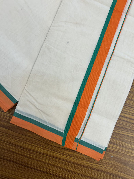 Bjp Veshti - 20% Discount! KaithariKada 100% Cotton off white Double - (Unbleached) Mundu/Dhoti - 100X80 - 1.25 inch Orange & Green Kara - 2 KK5325 ASH