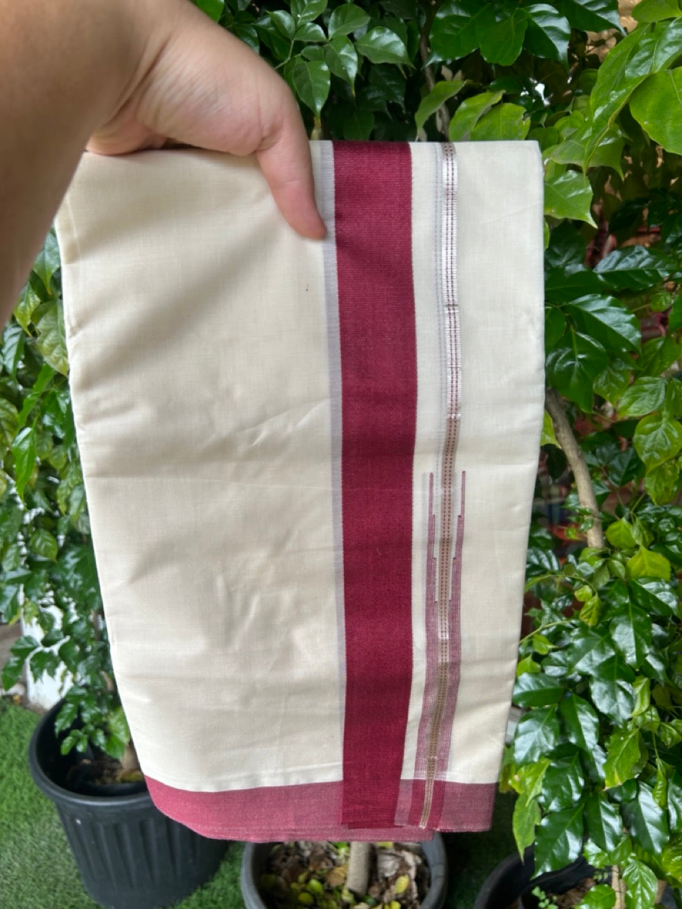 20% Discount ! KaithariKada Balaramapuram 100% Cotton Double OFF WHITE - (Unbleached) - Mundu / Dhoti- 100x80 - Puliyilakkara 1.5 inch Silver kasavu Maroon striped chutty - 42KK5213 VIN
