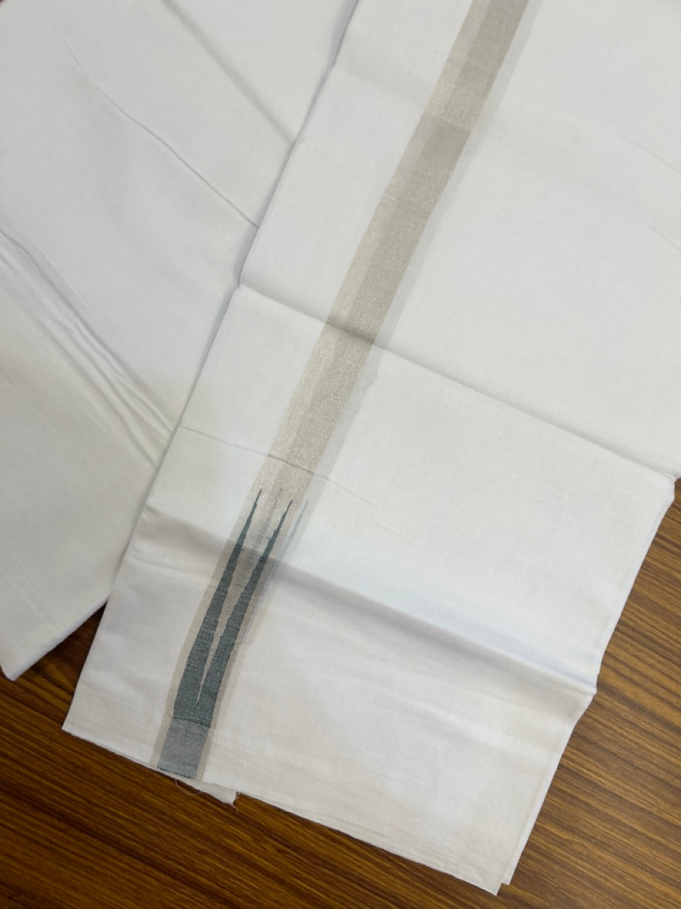 20% Discount ! Kaitharikada Balaramapuram 100% Cotton Pure White Double Mundu/Dothi - 100x80 - 1 inch Puliyilakkara Silver Kasav & Green Chutty Kara  3.90 mtr (8 muzham) - 95 KK5285  VAS