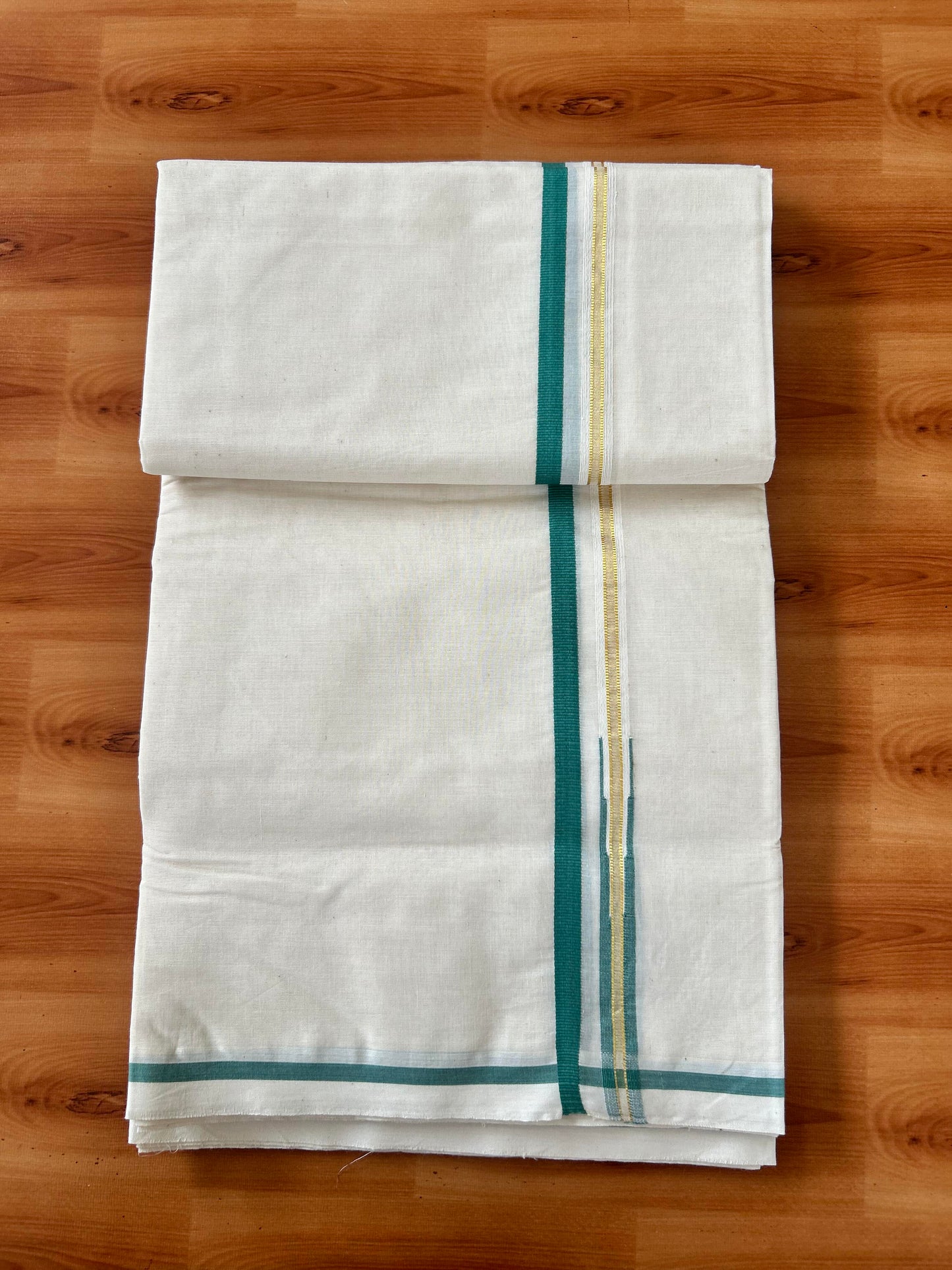 Double Off white Mundu/Dhoti - 20% Discount! KaithariKada Balaramapuram - 100% Cotton 100x100 - 1 cm Puliyilakkara Gold Kasav & Teal Green Chutty Kara 4 mtr (8.5 muzham) - 15 KK5424 ASH