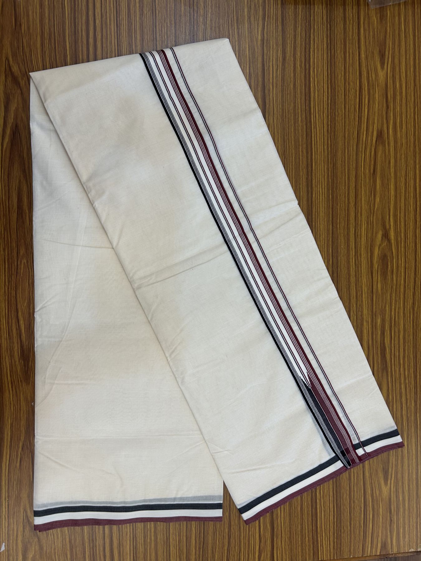 Admk Veshti 20% Discount !! Kaitharikada Balaramapuram Double Off white - (Unbleached) Mundu/Dhoti - 100X100 - 1.25 inch Puliyilakkara Maroon & Black Striped Chutty Kara - 27 KK5323 ASH