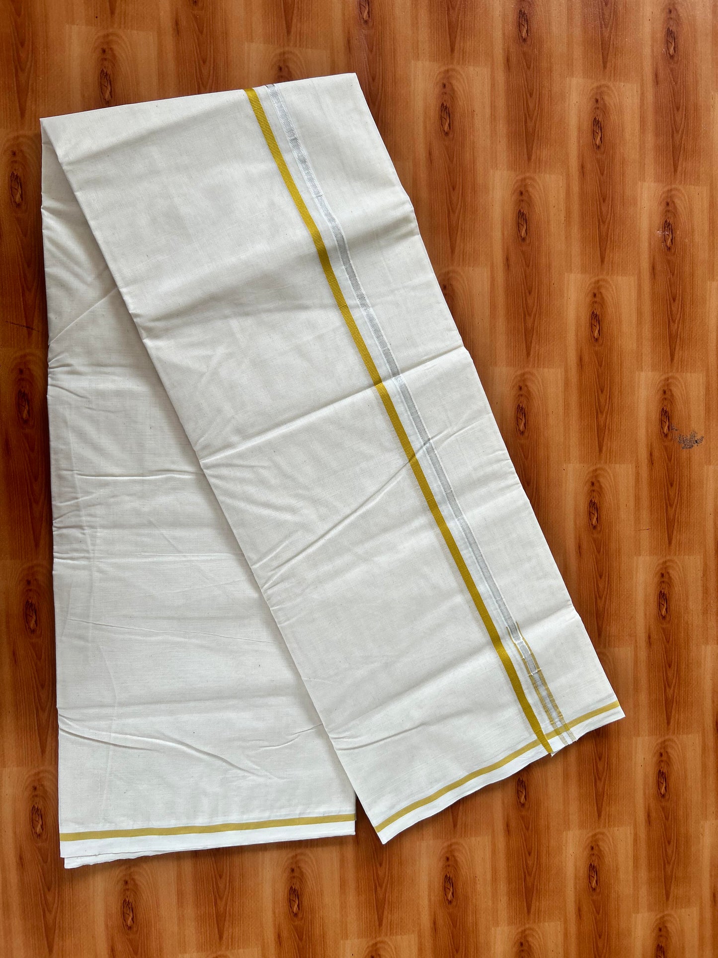 Double Off white Mundu/Dhoti - 20% Discount! KaithariKada Balaramapuram - 100% Cotton 100x100 - 1 cm Puliyilakkara Silver Kasav & Mustard Yellow Chutty Kara 4 mtr (8.5 muzham) - 16 KK5424 ASH