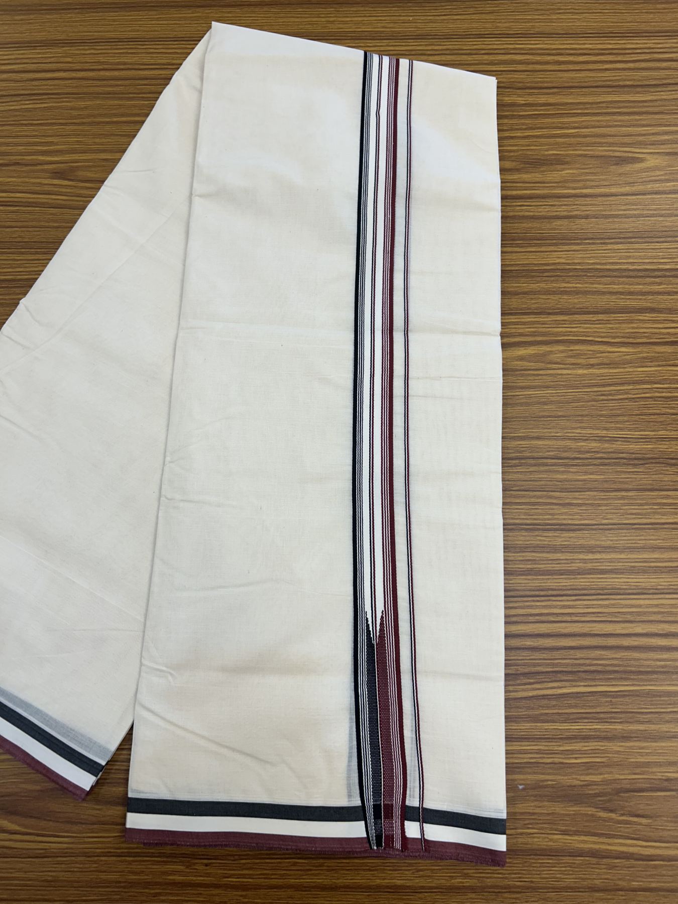 Admk Veshti 20% Discount !! Kaitharikada Balaramapuram Double Off white - (Unbleached) Mundu/Dhoti - 100X100 - 1.25 inch Puliyilakkara Maroon & Black Striped Chutty Kara - 27 KK5323 ASH