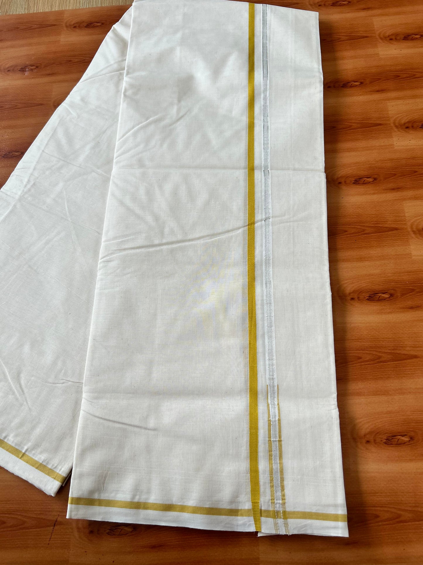 Double Off white Mundu/Dhoti - 20% Discount! KaithariKada Balaramapuram - 100% Cotton 100x100 - 1 cm Puliyilakkara Silver Kasav & Mustard Yellow Chutty Kara 4 mtr (8.5 muzham) - 16 KK5424 ASH