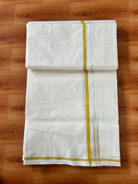 Double Off white Mundu/Dhoti - 20% Discount! KaithariKada Balaramapuram - 100% Cotton 100x100 - 1 cm Puliyilakkara Silver Kasav & Mustard Yellow Chutty Kara 4 mtr (8.5 muzham) - 16 KK5424 ASH