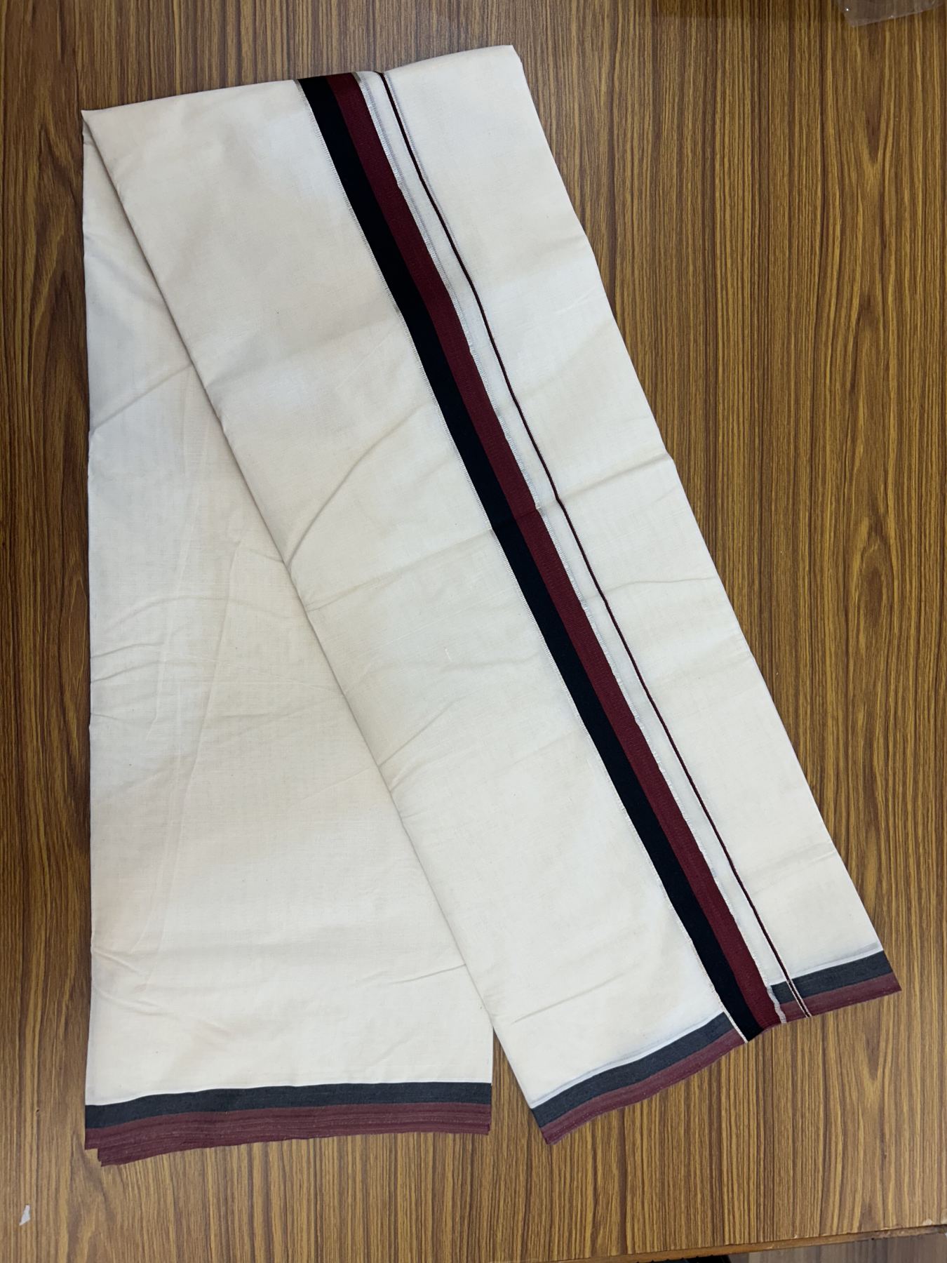 Dmk Veshti - 20% Discount! Kaitharikada 100% Cotton Off White Double - (Unbleached) Mund/Dhoti - 100X100 - 1.5 inch Silver Kasav & Black Maroon kara - 25 KK5323 ASH