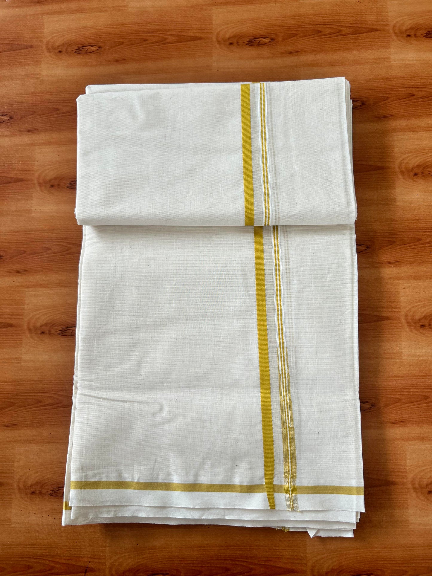Double Off white Mundu/Dhoti - 20% Discount! KaithariKada Balaramapuram - 100% Cotton 100x100 - 1 cm Puliyilakkara Mustard Yellow Chutty Kara 4 mtr (8.5 muzham) - 17 KK5424 ASH