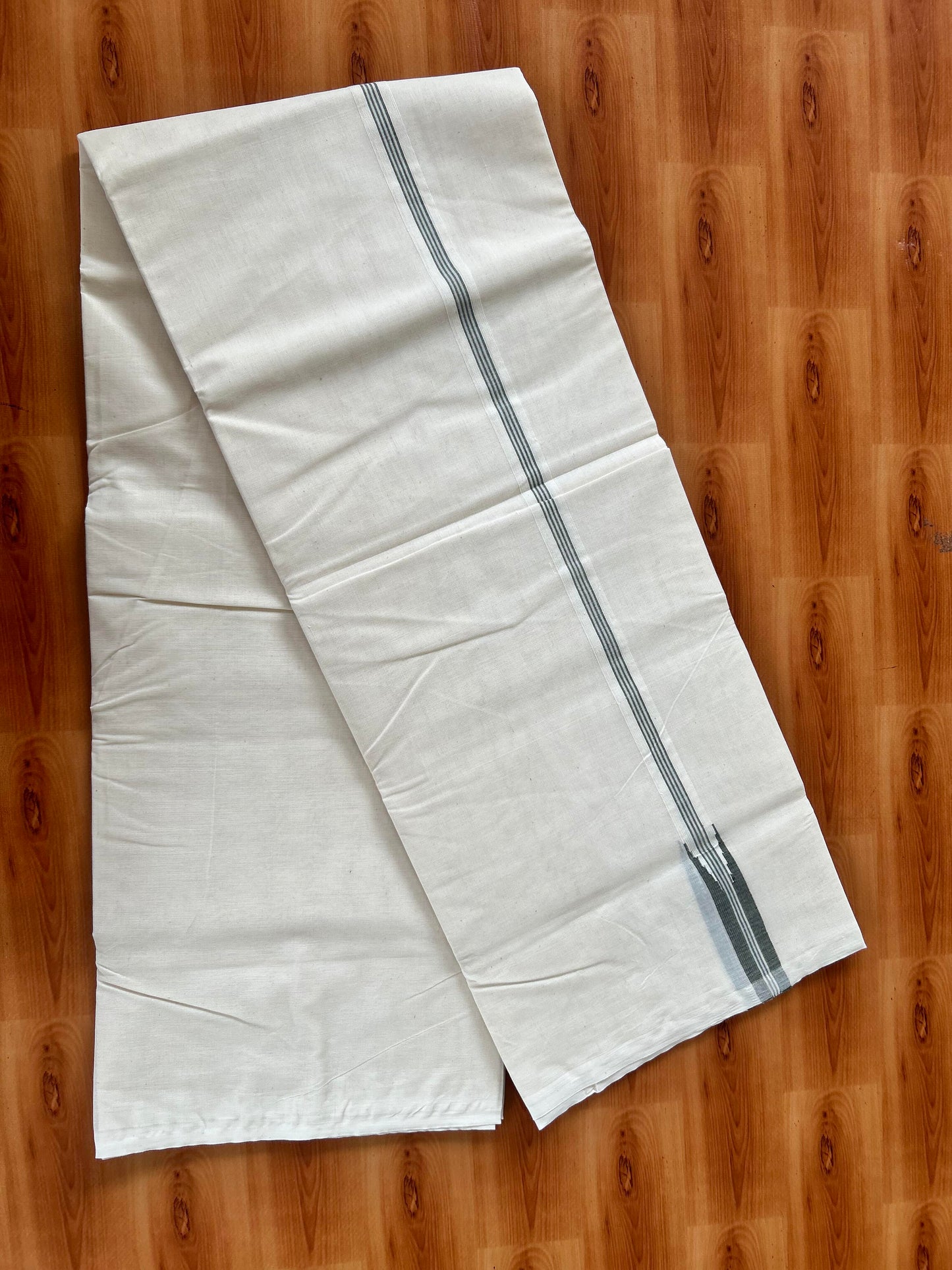 Double Off white Mundu/Dhoti - 20% Discount! KaithariKada Balaramapuram - 100% Cotton 100x100 - 0.75 inch Puliyilakkara Olive Green Striped Chutty Kara 4 mtr (8.5 muzham) - 1 KK5424 ASH