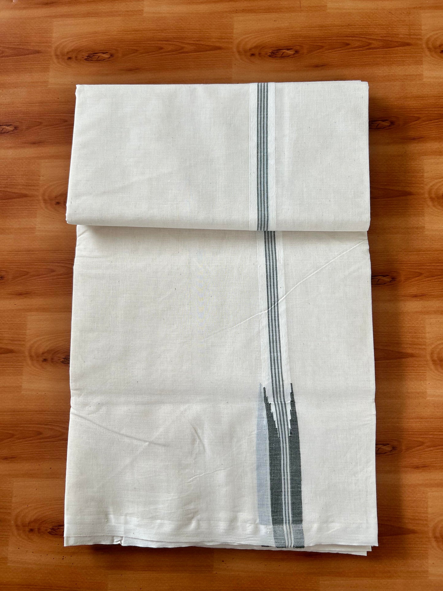 Double Off white Mundu/Dhoti - 20% Discount! KaithariKada Balaramapuram - 100% Cotton 100x100 - 0.75 inch Puliyilakkara Olive Green Striped Chutty Kara 4 mtr (8.5 muzham) - 1 KK5424 ASH