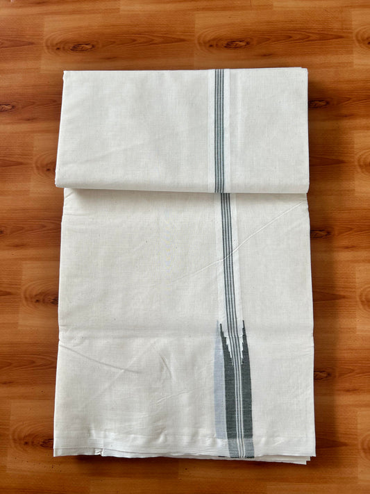 Double Off white Mundu/Dhoti - 20% Discount! KaithariKada Balaramapuram - 100% Cotton 100x100 - 0.75 inch Puliyilakkara Olive Green Striped Chutty Kara 4 mtr (8.5 muzham) - 1 KK5424 ASH
