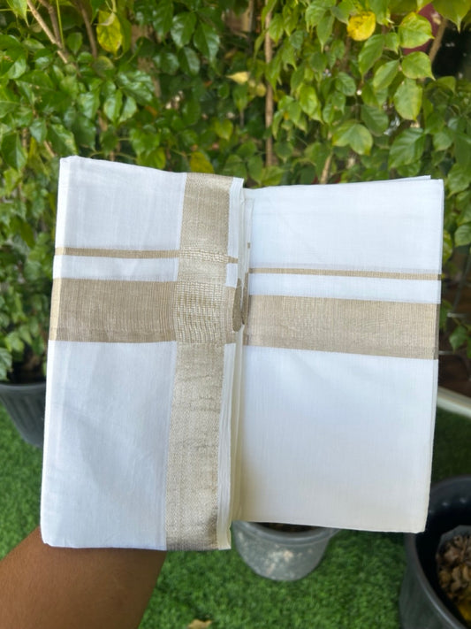 19% DISCOUNT! KaithariKada Balaramapuram 100% Cotton Double PURE white Mundu/Dhoti - 100x100 - 1.25 inch Silver Kasavu Kara - 24KK5139THI
