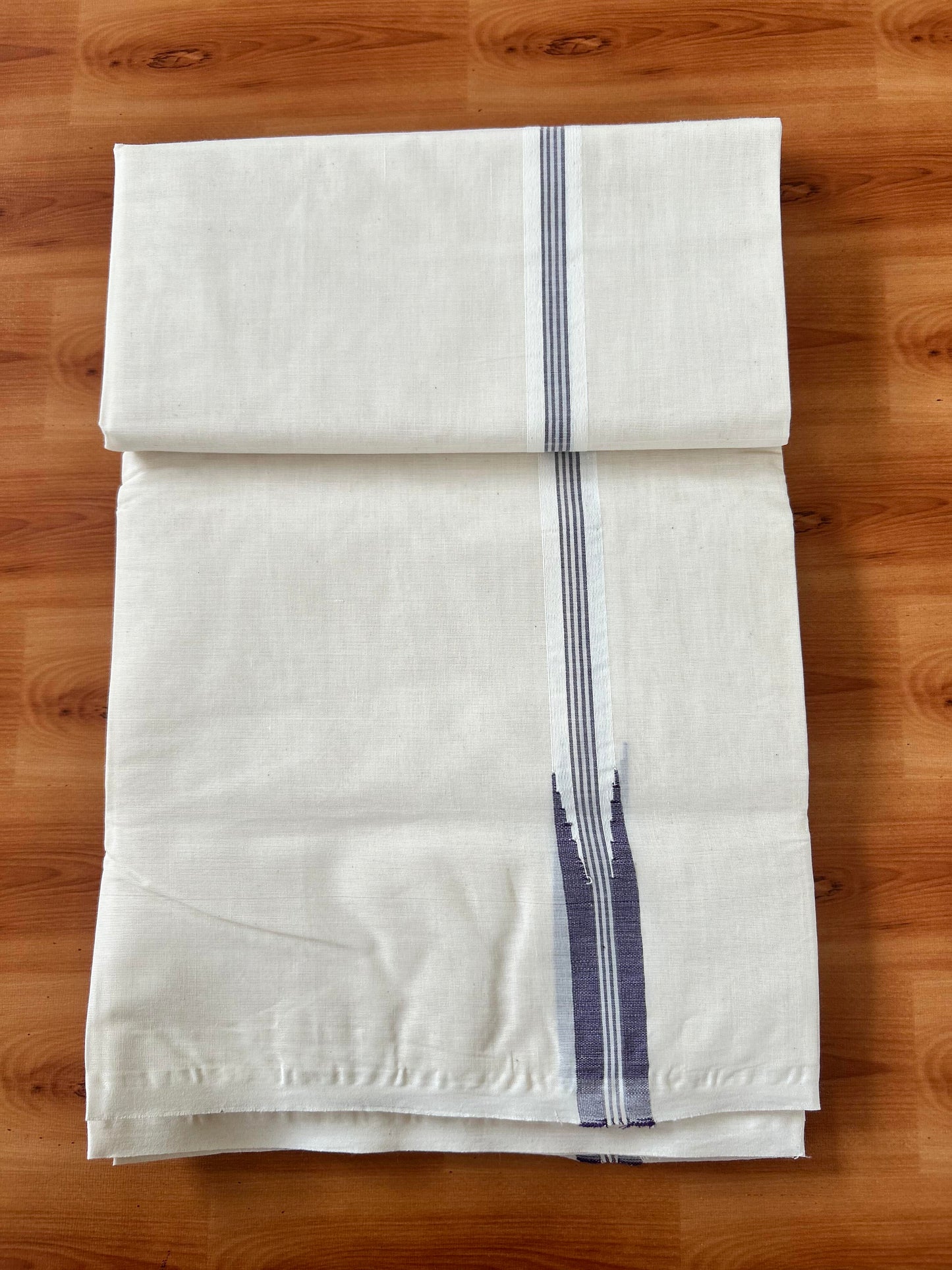 Double Off white Mundu/Dhoti - 20% Discount! KaithariKada Balaramapuram - 100% Cotton 100x100 - 0.75 inch Puliyilakkara Violet Striped Chutty Kara 4 mtr (8.5 muzham) - 2 KK5424 ASH