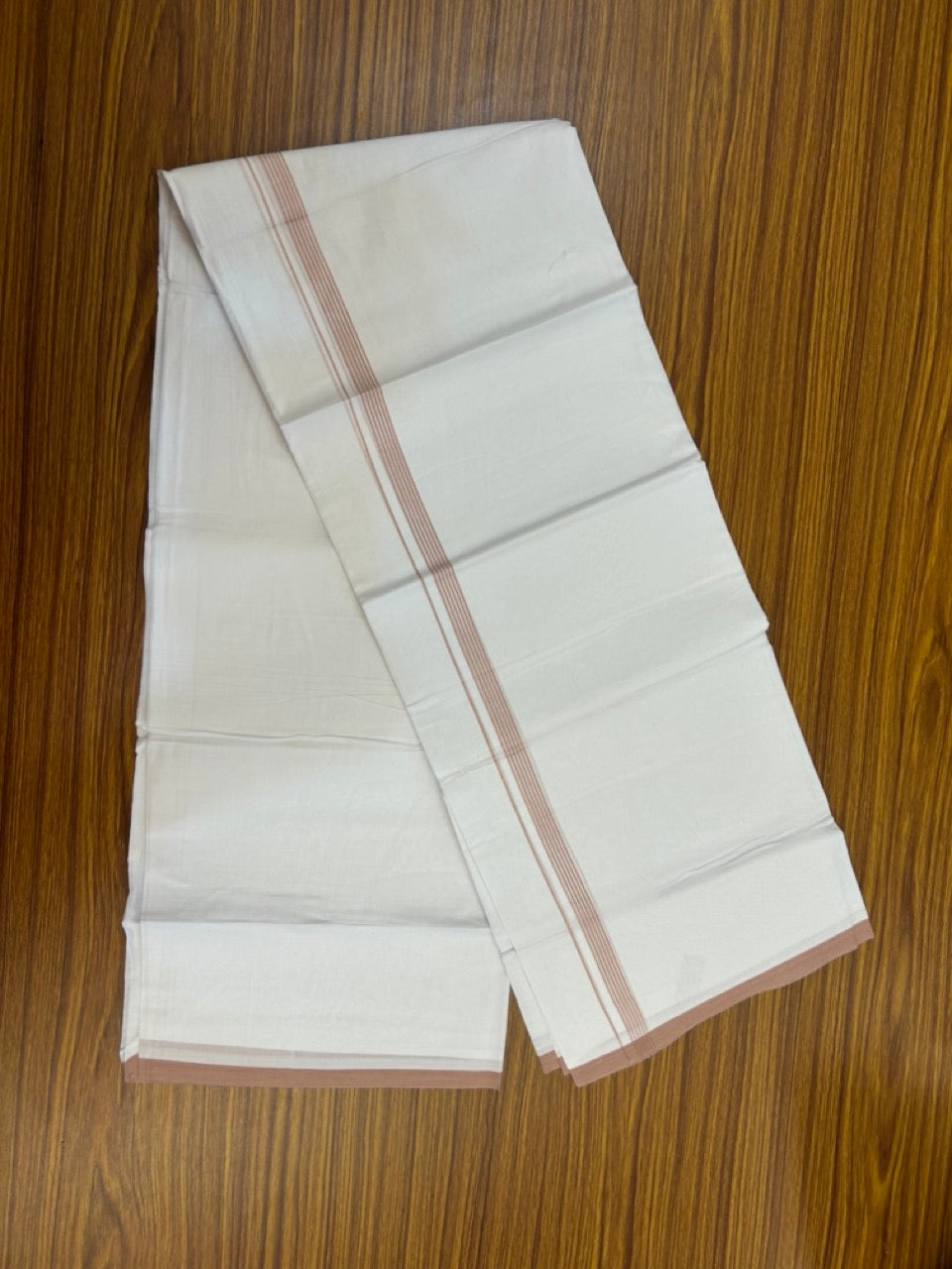 20% Discount ! Kaitharikada Balaramapuram 100% Cotton Pure White Double Mundu/Dothi - 100x80 - 0.5 inch Dark Peach Striped Kara 3.90 mtr (8 muzham) - 56 KK5285 VAS