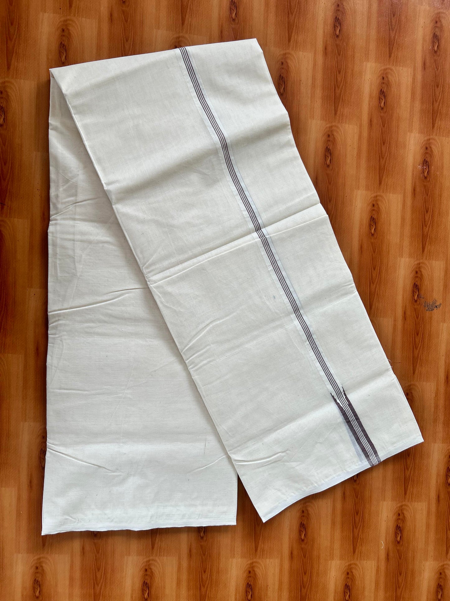 Double Off white Mundu/Dhoti - 20% Discount! KaithariKada Balaramapuram - 100% Cotton 100x100 - 0.75 inch Puliyilakkara Brown Striped Chutty Kara 4 mtr (8.5 muzham) - 3 KK5424 ASH