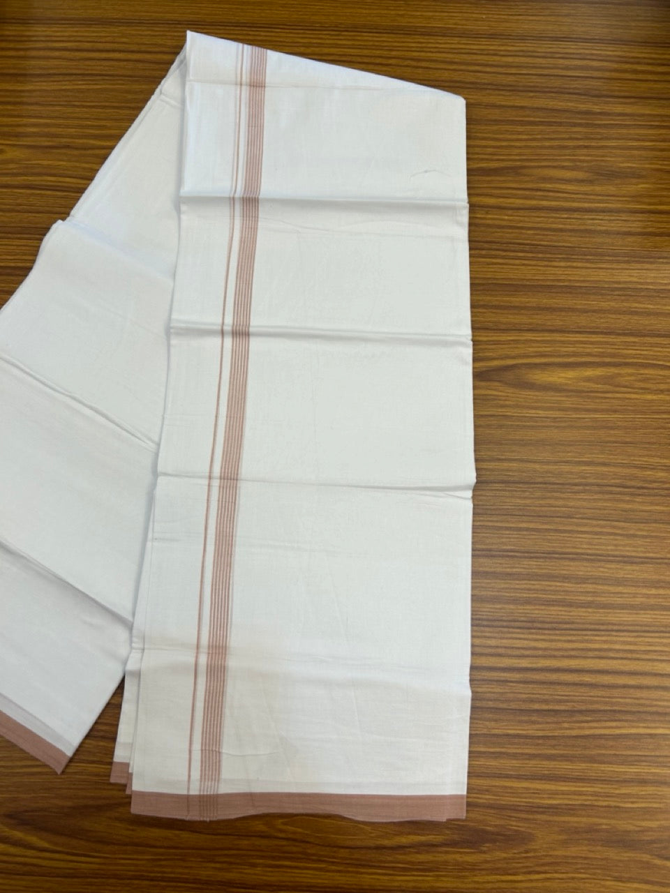20% Discount ! Kaitharikada Balaramapuram 100% Cotton Pure White Double Mundu/Dothi - 100x80 - 0.5 inch Dark Peach Striped Kara 3.90 mtr (8 muzham) - 56 KK5285 VAS