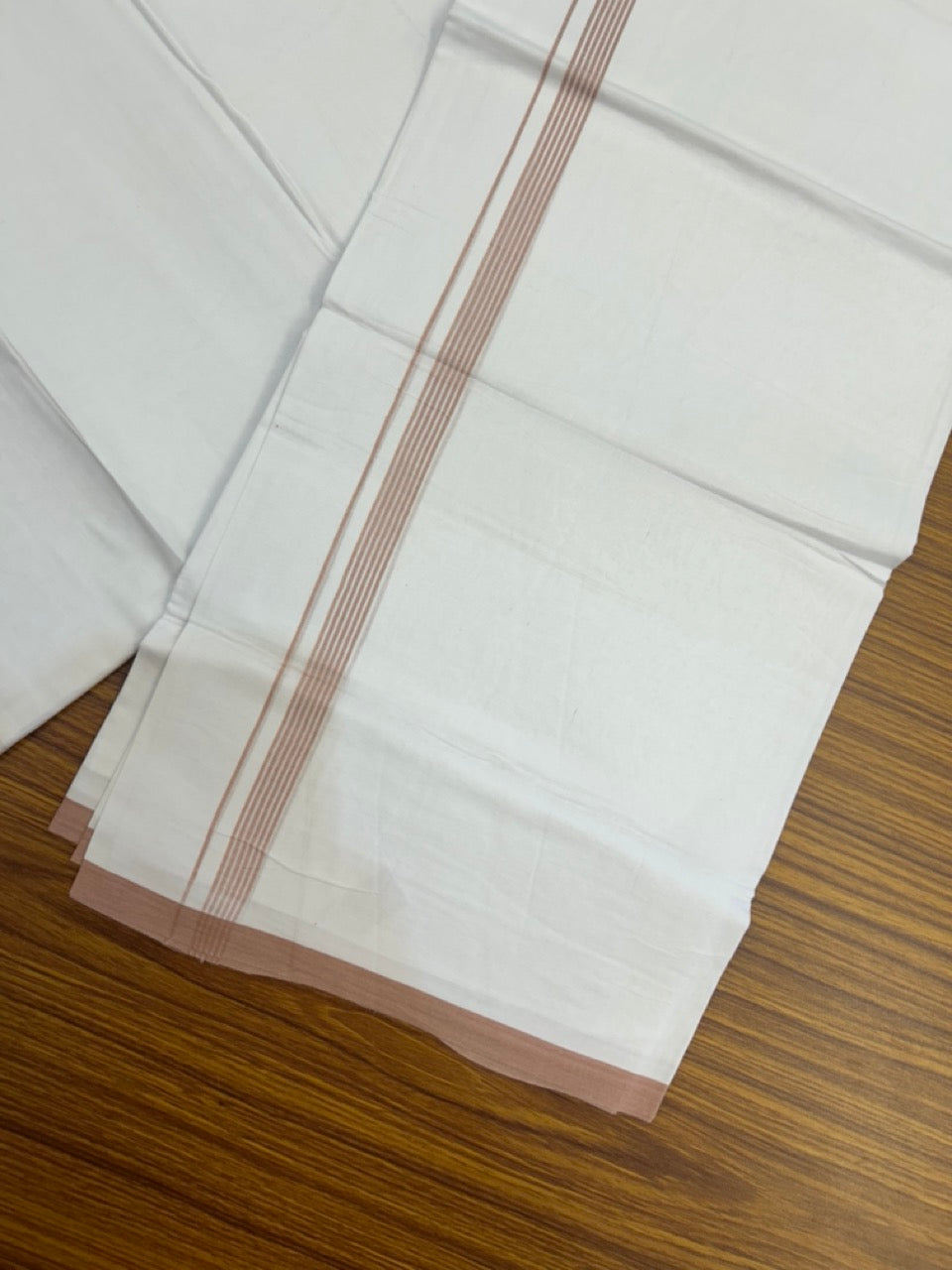 20% Discount ! Kaitharikada Balaramapuram 100% Cotton Pure White Double Mundu/Dothi - 100x80 - 0.5 inch Dark Peach Striped Kara 3.90 mtr (8 muzham) - 56 KK5285 VAS