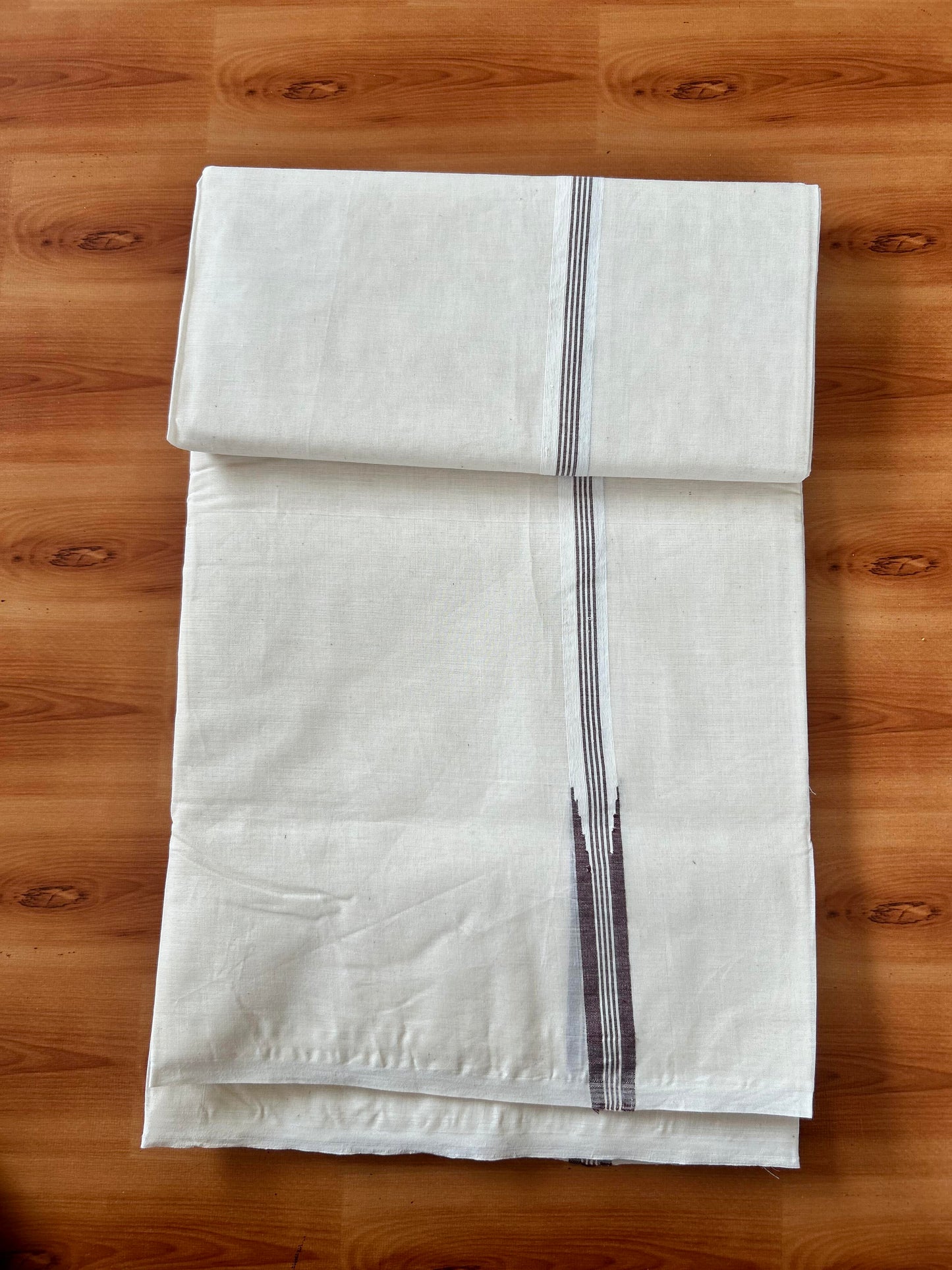 Double Off white Mundu/Dhoti - 20% Discount! KaithariKada Balaramapuram - 100% Cotton 100x100 - 0.75 inch Puliyilakkara Brown Striped Chutty Kara 4 mtr (8.5 muzham) - 3 KK5424 ASH