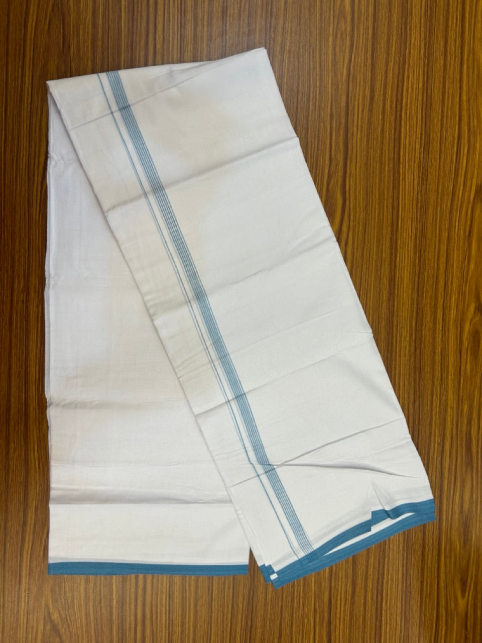 20% Discount ! Kaitharikada Balaramapuram 100% Cotton Pure White Double Mundu/Dothi - 100x80 - 0.5 inch Blue Striped Kara 3.90 mtr (8 muzham) - 57 KK5285 VAS