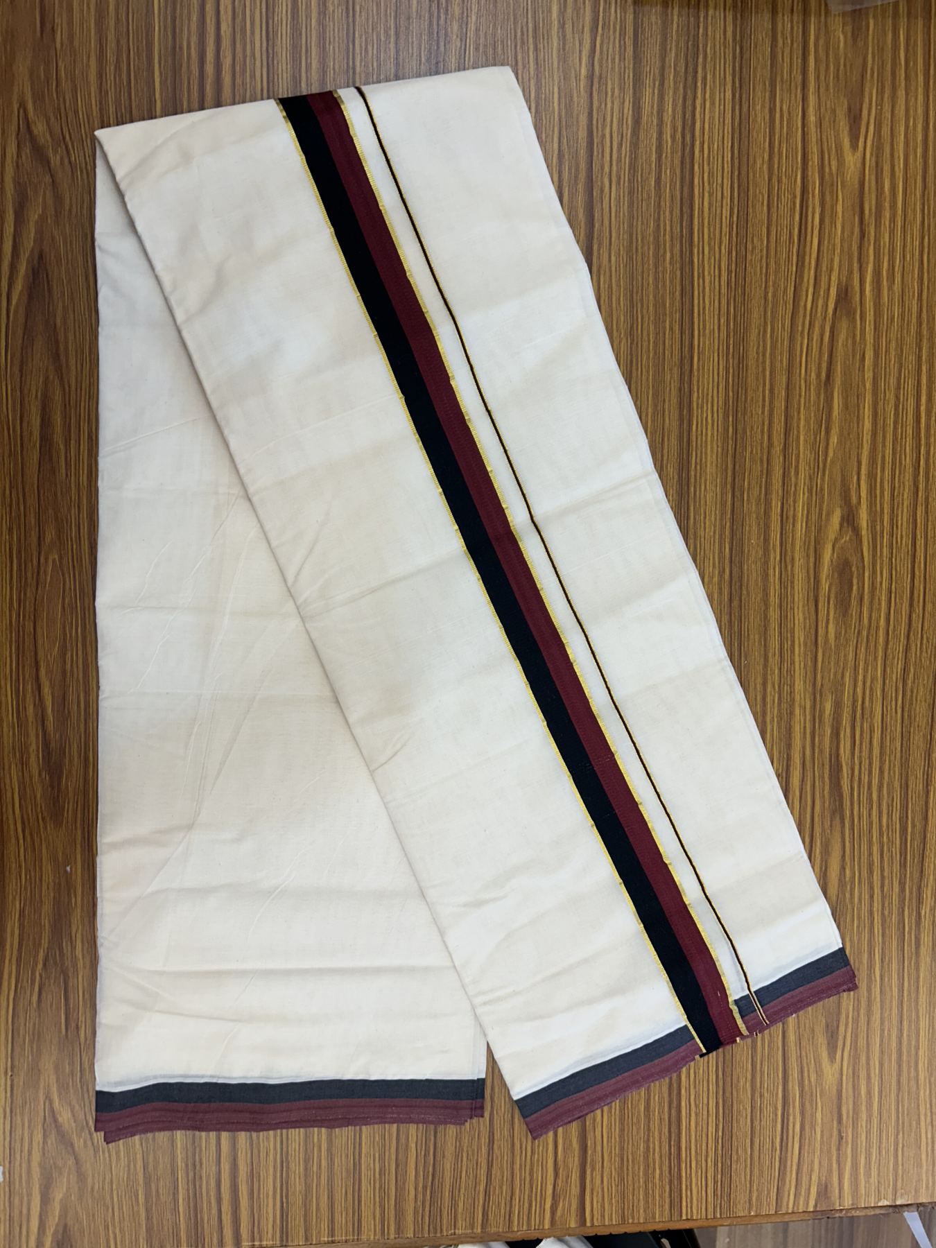 Dmk Veshti - 20% Discount! Kaitharikada 100% Cotton Off White Double - (Unbleached) Mund/Dhoti - 100X100 - 1.5 inch Gold Kasav & Black Maroon kara - 26 KK5323 ASH