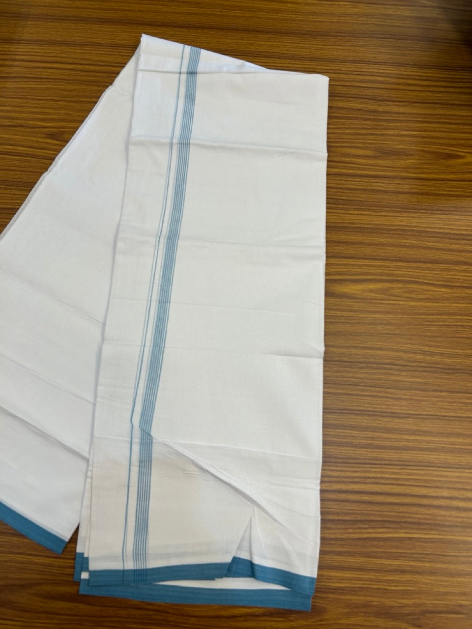 20% Discount ! Kaitharikada Balaramapuram 100% Cotton Pure White Double Mundu/Dothi - 100x80 - 0.5 inch Blue Striped Kara 3.90 mtr (8 muzham) - 57 KK5285 VAS