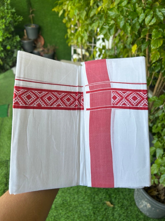 28% DISCOUNT! KaithariKada Balaramapuram Double PURE WHITE 100% Cotton Mundu/Dhoti - 100x80 - 1.5 inch Jacquard Red Kara - 34KK5139THI