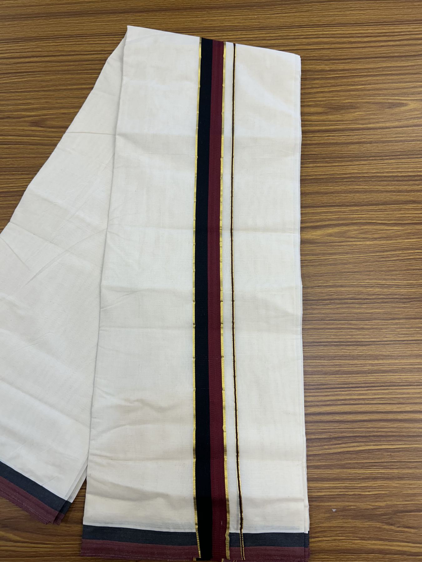 Dmk Veshti - 20% Discount! Kaitharikada 100% Cotton Off White Double - (Unbleached) Mund/Dhoti - 100X100 - 1.5 inch Gold Kasav & Black Maroon kara - 26 KK5323 ASH