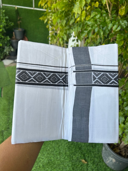 28% DISCOUNT! KaithariKada Balaramapuram Double PURE WHITE 100% Cotton Mundu/Dhoti - 100x80 - 1.5 inch Jacquard Black Kara - 33KK5139THI