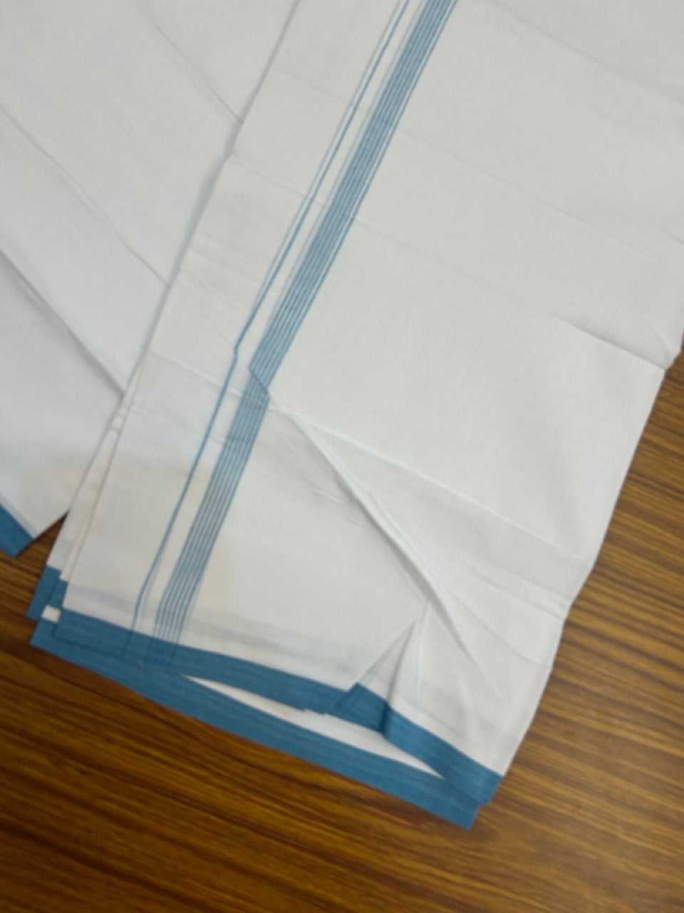 20% Discount ! Kaitharikada Balaramapuram 100% Cotton Pure White Double Mundu/Dothi - 100x80 - 0.5 inch Blue Striped Kara 3.90 mtr (8 muzham) - 57 KK5285 VAS