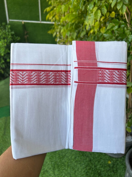 28% DISCOUNT! KaithariKada Balaramapuram Double PURE WHITE 100% Cotton Mundu/Dhoti - 100x80 - 1.5 inch Jacquard Red Kara - 31KK5139THI