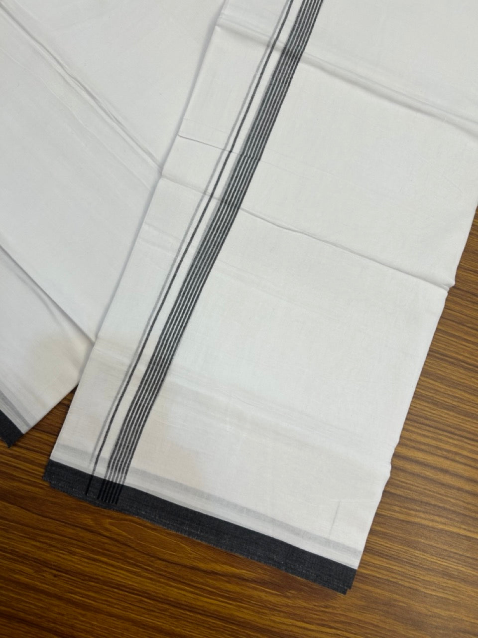 20% Discount ! Kaitharikada Balaramapuram 100% Cotton Pure White Double Mundu/Dothi - 100x80 - 0.5 inch Black Striped Kara 3.90 mtr (8 muzham) - 58 KK5285 VAS