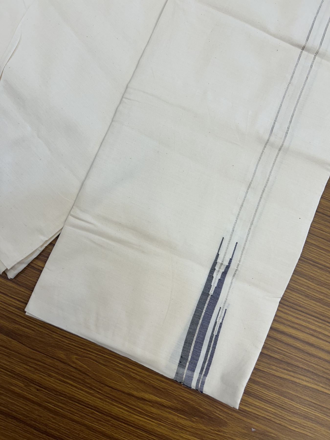 20% Discount! KaithariKada 100% Cotton off white Single - (Unbleached) Mundu/Dhoti Twisted 100s Thread- 100X100 - 0.5 inch Puliyilakkara Silver Kasav Navy Blue & Black Chutty kara - 24 KK5323 ASH