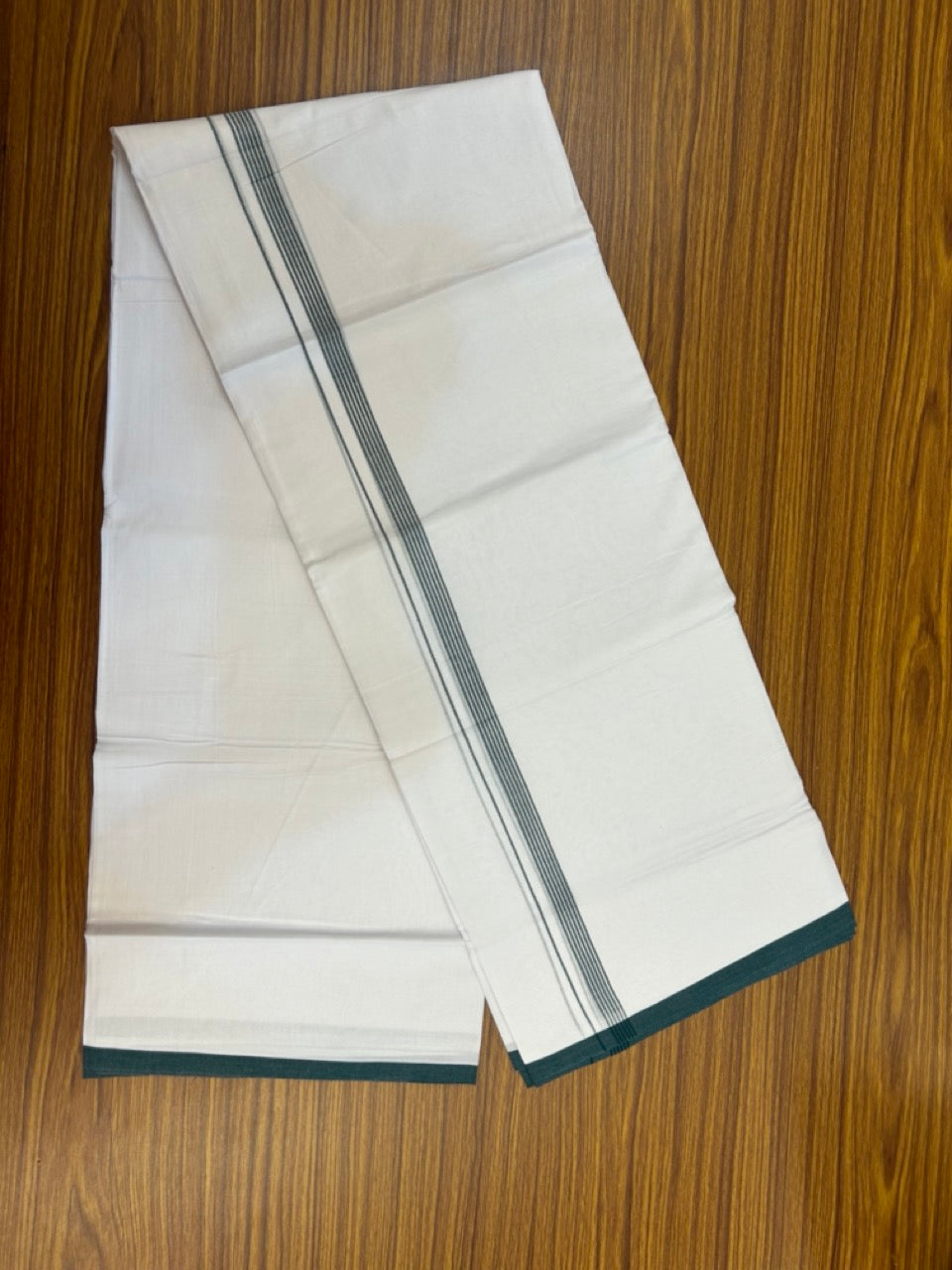20% Discount ! Kaitharikada Balaramapuram 100% Cotton Pure White Double Mundu/Dothi - 100x80 - 0.5 inch Dark Green Striped Kara 3.90 mtr (8 muzham) - 60 KK5285 VAS