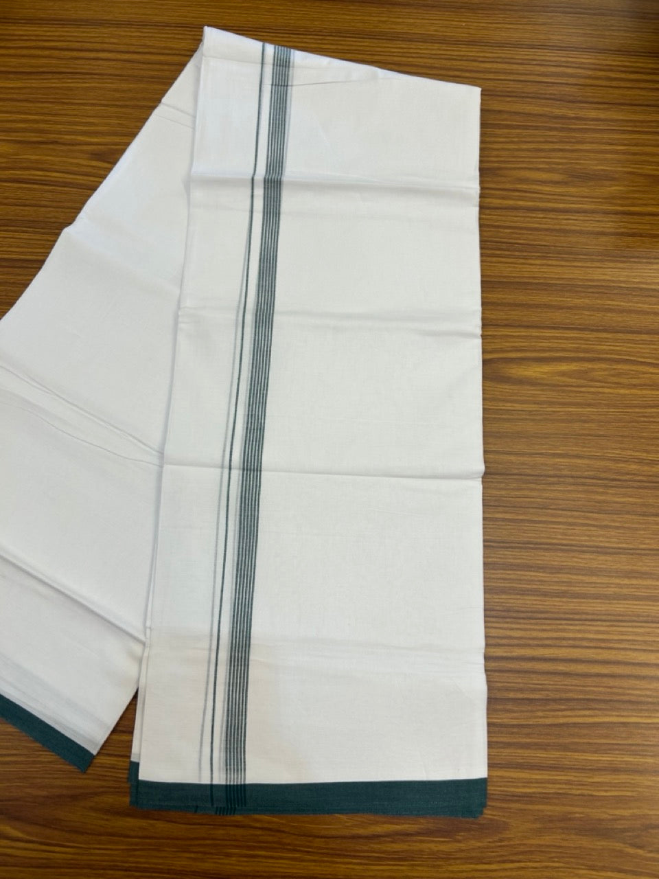 20% Discount ! Kaitharikada Balaramapuram 100% Cotton Pure White Double Mundu/Dothi - 100x80 - 0.5 inch Dark Green Striped Kara 3.90 mtr (8 muzham) - 60 KK5285 VAS